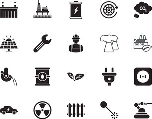 factory vector icon set such as: drum, radiators, science, flash, formula, ecological, full, petrol, workman, heater, chemical, automatic, adapter, long, engineer, volt, thermal, robot, hazard