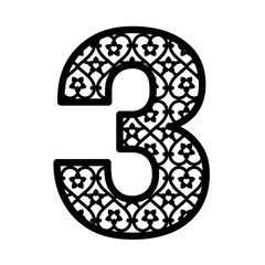 Number 3 for laser cutting. Numeral character three. Decor font for paper or die cut. Numeric date template. Vector letter for invitation, baby shower, birthday card, scrapbooking, wedding.