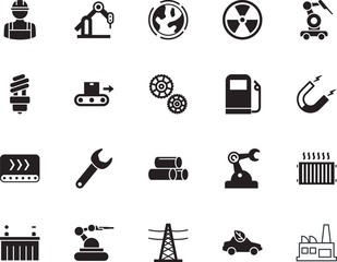 factory vector icon set such as: transmission, ecological, attraction, geography, temperature, polarity, hat, gears, fuel, home, logistics, creative, people, winter, repairman, person, conservation