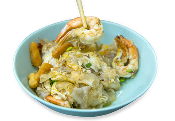 Stir-fried rice noodle with chicken and shrimp die cut in white background, focus selective