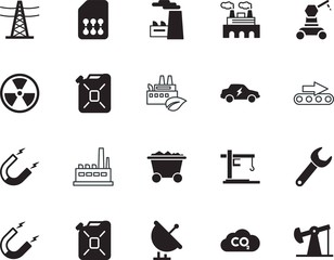 factory vector icon set such as: wireless, hook, transmission, raw, landscape, exhaust, pylon, logo, crate, station, formula, information, cloud, toxic, lines, direction, co2, working, dish, lift