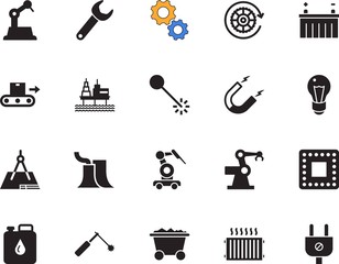 factory vector icon set such as: pollution, architecture, nuclear, canister, working, empty, key, glass, iron, drilling, heat, microchip, magnetism, socket, profession, cold, laser, cable, charge