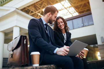 happy young people doing shopping online, choosing furniture, house, flat, close up side view photo, people concept