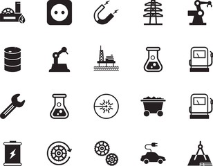 factory vector icon set such as: polarity, drilling, project, transformer, renewable, car, offshore, support, plan, architecture, plant, steel, wrench, electromagnetic, clean, cart, attract, crude