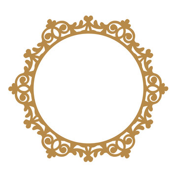 Laser cutting photo frame. Decorative round template for design. Vector geometric vintage metal border. Oriental ornamental lace, golden silhouette. Circular pattern in arabesque style. Napkin stencil