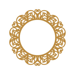Laser cutting photo frame. Decorative round template for design. Vector geometric vintage metal border. Oriental ornamental lace, golden silhouette. Circular pattern in arabesque style. Napkin stencil
