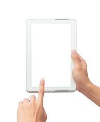 Male hand holding the white tablet pc computer and touching with blank screen isolated on white background with clipping path.