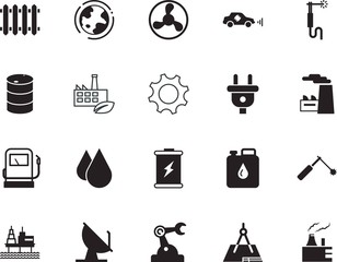 factory vector icon set such as: flammable, robotic, telecommunication, logo, central, planning, control, compass, satellite, auto, robot, plug, silicone walley, safety, benzine, architecture, heater