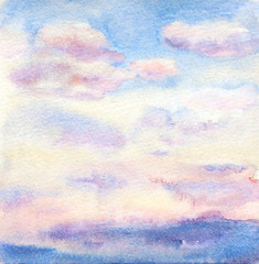Watercolor drawing of the sky with colorful clouds and paper texture