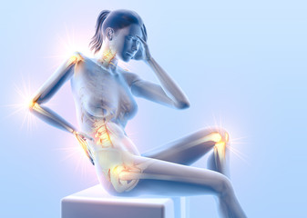 Rheumatoid arthritis, osteoarthritis, painful joints of a woman, medically 3D illustration
