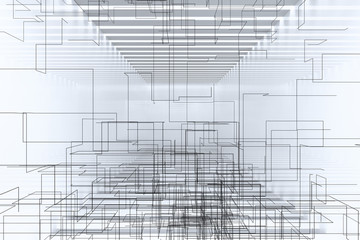 Bright and empty room with technological lines, 3d rendering.