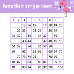 Paste the missing numbers. Handwriting practice. Learning numbers for kids. Education developing worksheet. Activity page. Game for children. Isolated vector illustration in cute cartoon style.