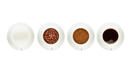 Four white coffee cups on saucers in a row isolated on a white background. An empty Cup, a Cup of ground coffee, a Cup of coffee beans, a Cup of drink. Top view.