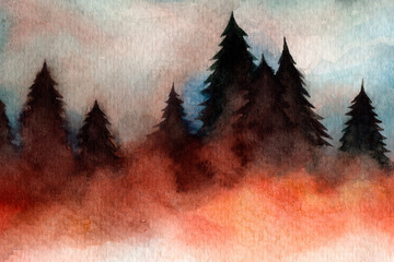 fog in the forest. Christmas trees. needles. pine trees. autumn winter. watercolor