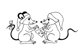 mouse in New Year's caps. eps10 vector illustration. hand drawing. art line