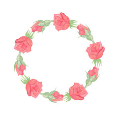 hand drawn pink rose buds round frame, wedding invitations and St Valentine holiday decorations