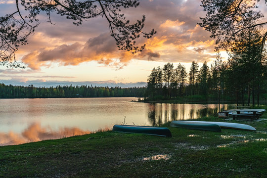 Sunset by the lakeside in Koli National Park, Lakeland, Finland