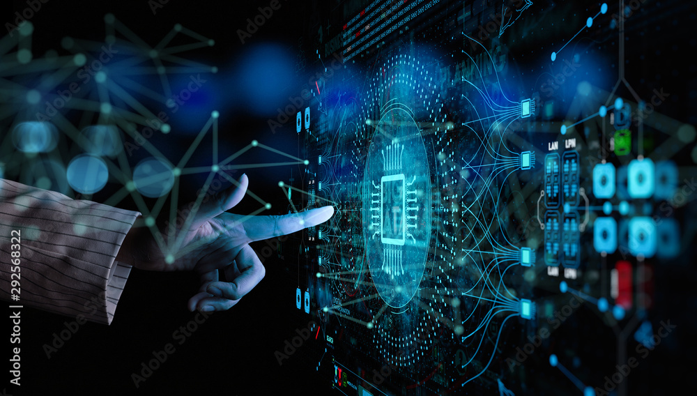 Poster Artificial intelligence (AI) with machine deep learning and data mining and another modern computer technologies UI by hand touching CPU icon.