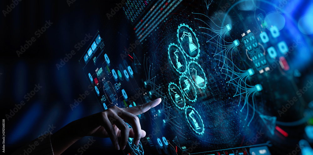 Poster Engineer hand check and control welding robotics automatic arms icon with machine in intelligent factory automotive industrial with UI monitoring system software.