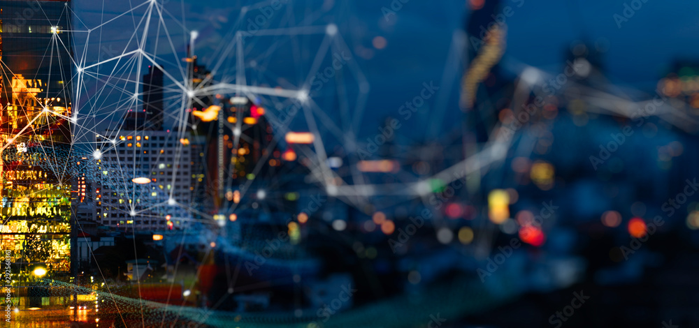 Aufkleber Wireless network and Connection technology concept with Abstract buildings and city background