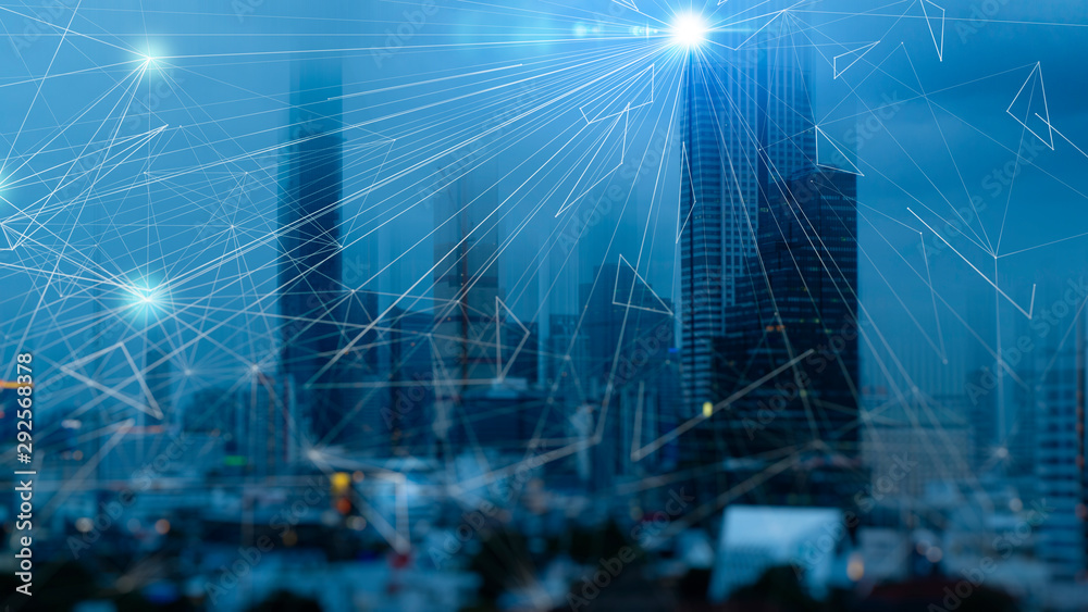 Poster Wireless network and Connection technology concept with Abstract buildings and city background