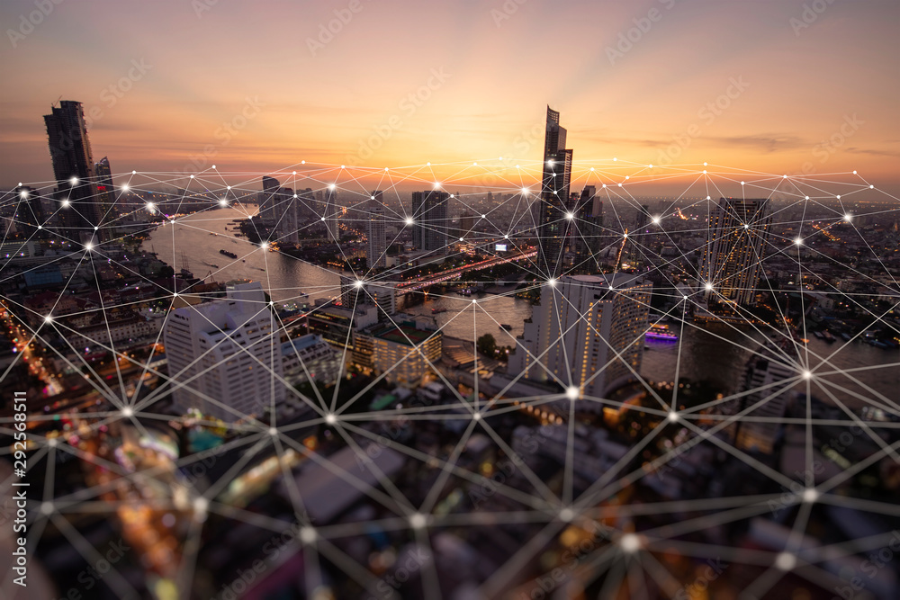 Aufkleber wireless network and connection technology concept with abstract bangkok city background
