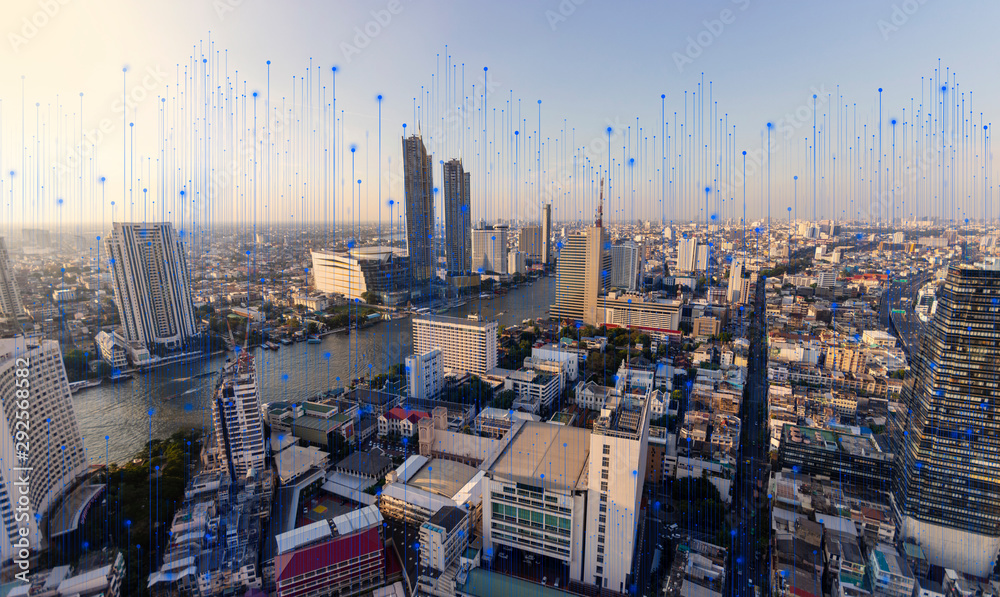 Poster Wireless network and Connection technology concept with Abstract Bangkok city background