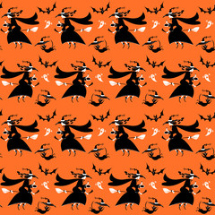 Witch holding magical potion flying on broom. Happy Halloween. Seamless background pattern.