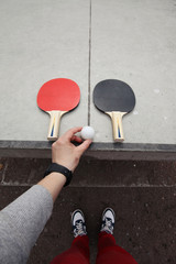 Table tennis. Game in the park outdoors