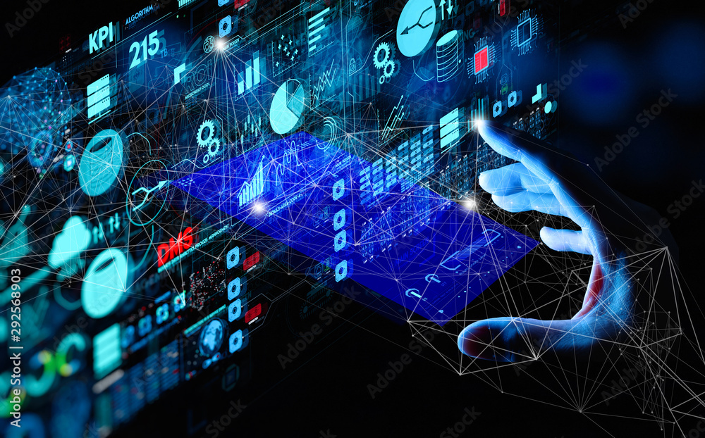Poster Business data analytics process management with businesswoman hand touching connected gear cogs with KPI financial charts and graph and automated marketing dashboard.