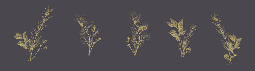 Set of golden floral compositions