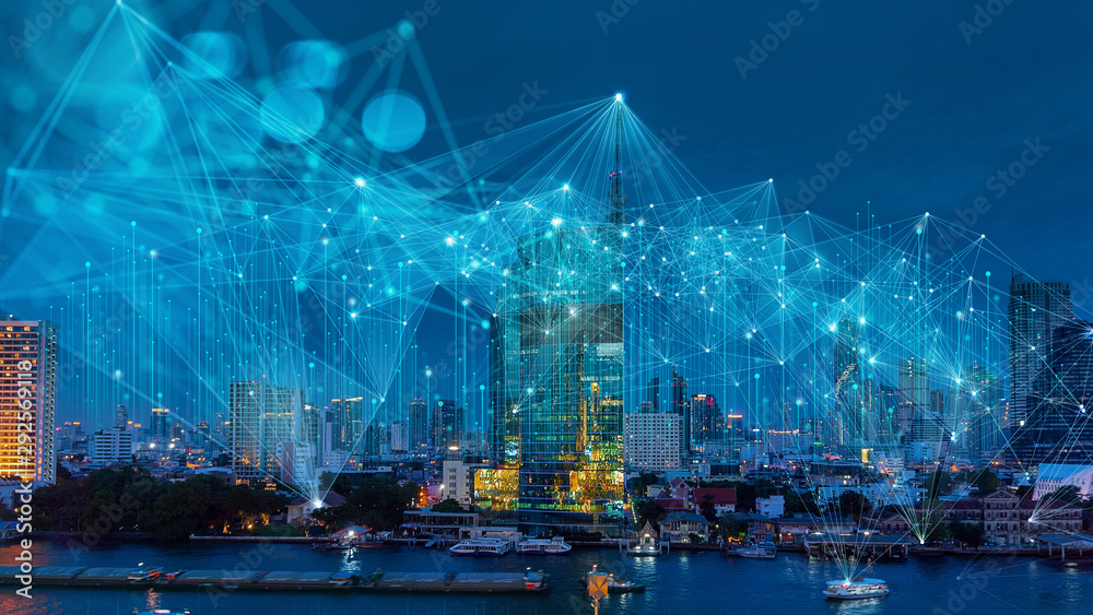 Poster Wireless network and Connection technology concept covering on Abstract building city.