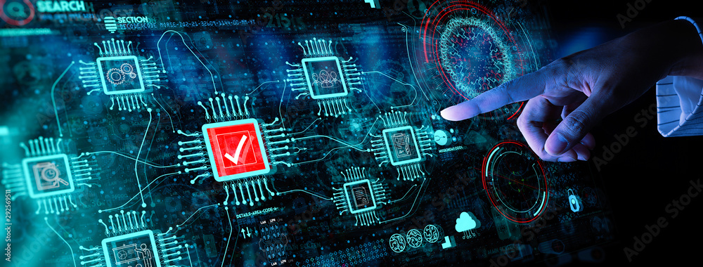 Poster Hand touching with Data Management System (DMS) and Business Analytics concept with servers connected to dashboard.