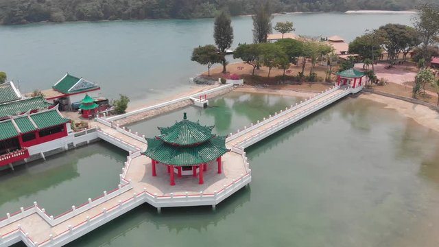 Aerial drone shot of Chinese Temple on Singapore southern Islands St. John Island and Kusu Island 