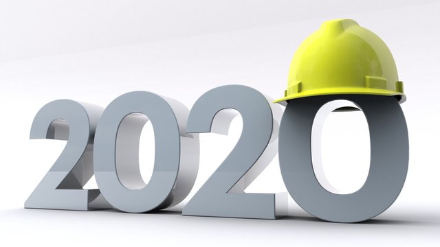 3D illustration of number 2020 wearing a hard helmet