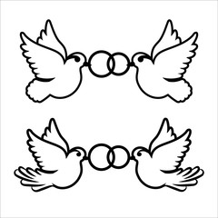 Laser cut template of two birds with wedding crossed rings. Silhouette marriage jewelry, couple of doves in love. Vector flat icon for invitation card. For wood carving, paper cut, stamp for die cut.