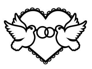Laser cut template of two birds with wedding crossed rings. Silhouette marriage jewelry, couple of doves in love on lace heart. Vector invitation card. For wood carving, paper cut, stamp for die cut.