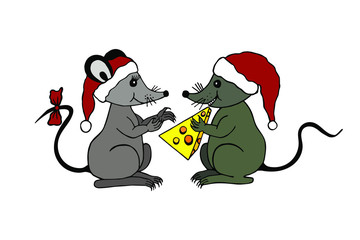 mouse in New Year's caps. eps10 vector illustration. hand drawing. art line