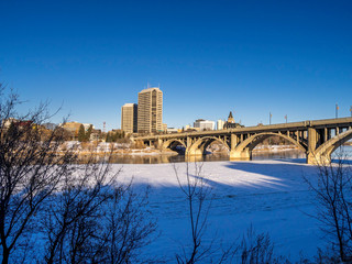 Saskatoon's skyine on a cold winter day.