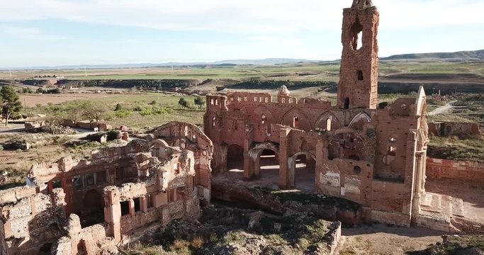 Aerial view of ruins of old historic Spanish village Belchite in province of Zaragoza