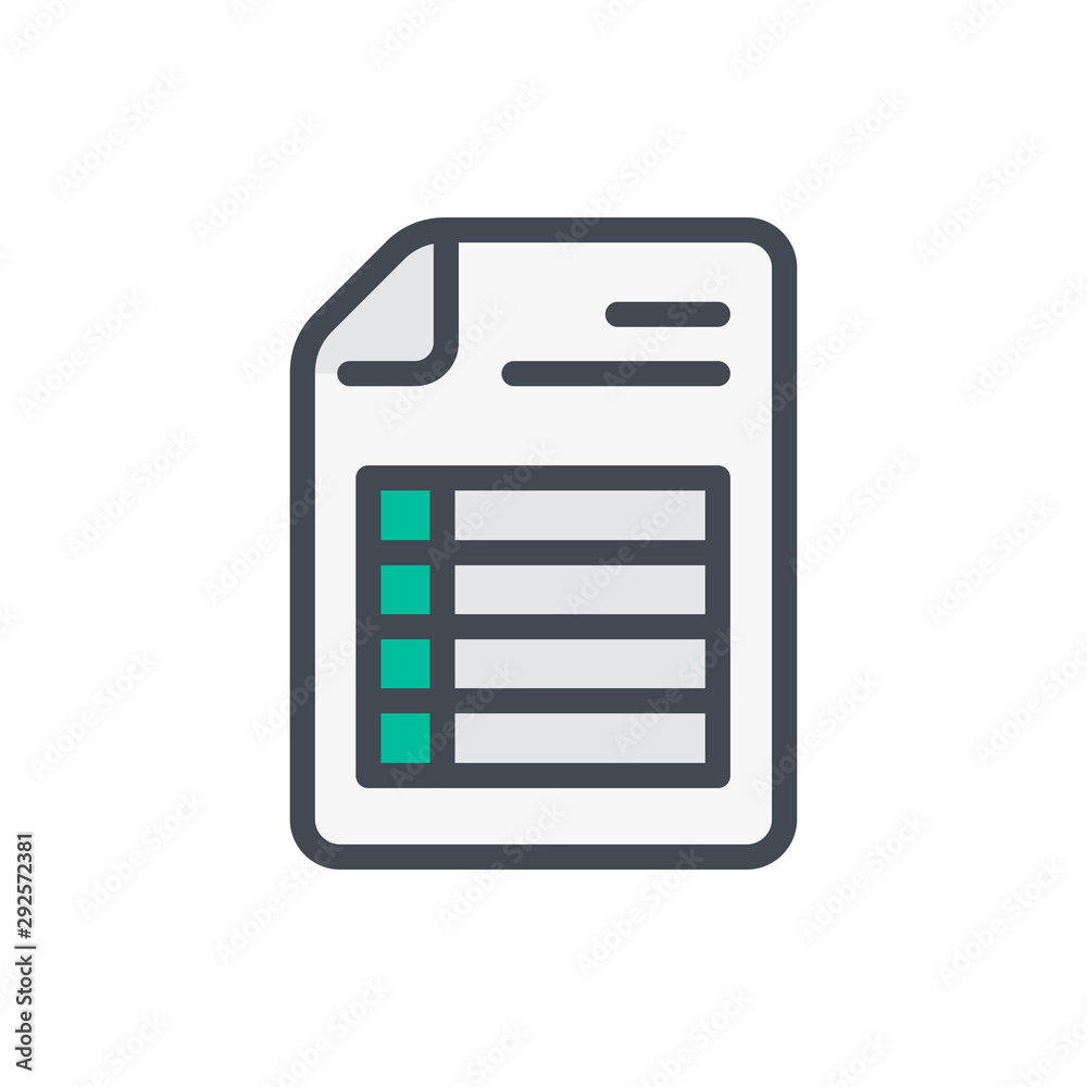 Fototapete Document with spreadsheet color line icon. File with pivot table page vector outline colorful sign.