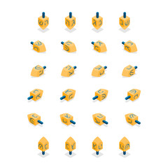 Vector Hanukkah dreidel all sides isometric 3d elements set. Jewish holiday dreidel game every side objects. Spinning top toy different view isolated.