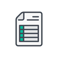 Document with spreadsheet color line icon. File with pivot table page vector outline colorful sign.
