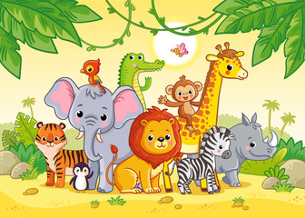 Obraz na płótnie Canvas African landscape with cute african animals. Large set of animals. Vector illustration