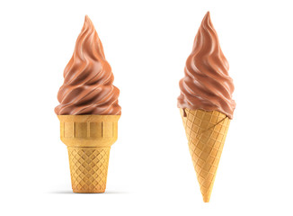 Ice cream in chocolate glaze waffle cone isolated on white.
