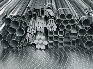 Stainless steel profiles and tubes. in warehouse background. Different metal rolled products. © Maksym Yemelyanov