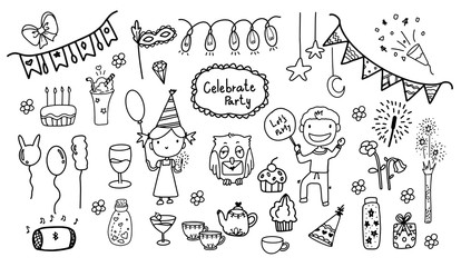 cute doodle art in celebrate party theme, boy and girl happily dance and enjoy firework