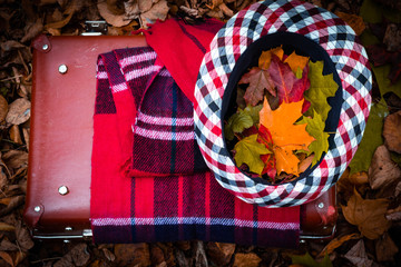 Men's hat with autumn leaves lies on an old vintage retro suitcase with a red scarf.