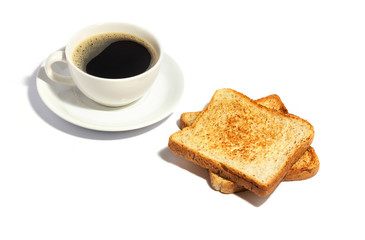 Black coffee in white cup with double toast. isolated on white