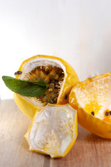 Passion fruit.Brazil.Natural soothing.Nutrients. Vitamins. White background.Space for your text .View from above.Vertical.